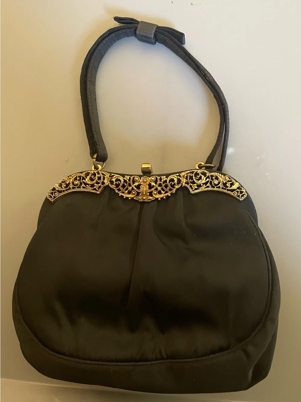 Vtg After 5  Black Satin Evening Handbag Gold Filigree Trim Coin Purse & Bow